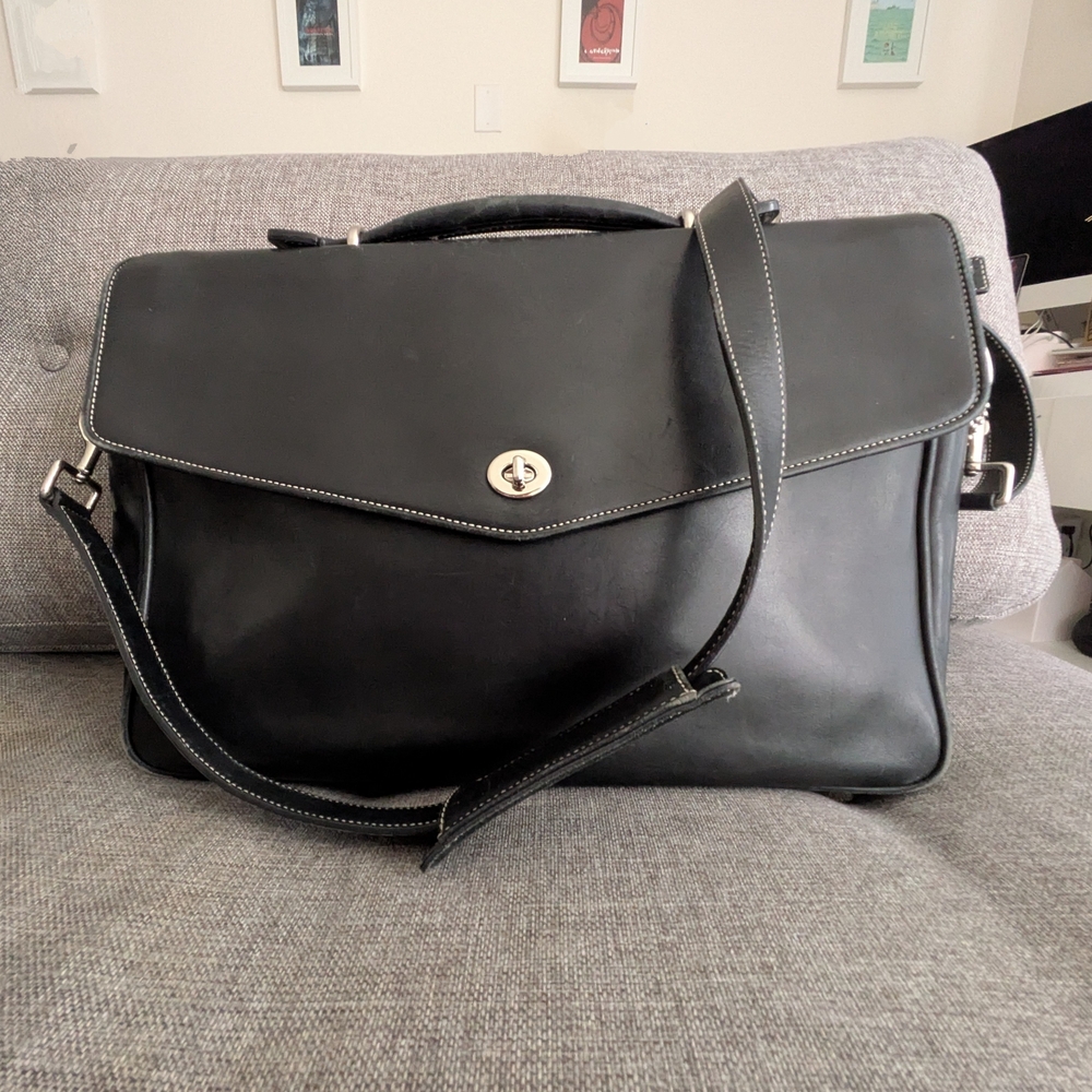 Vintage Coach Black Leather Briefcase With Adjustable Shoulder Strap.